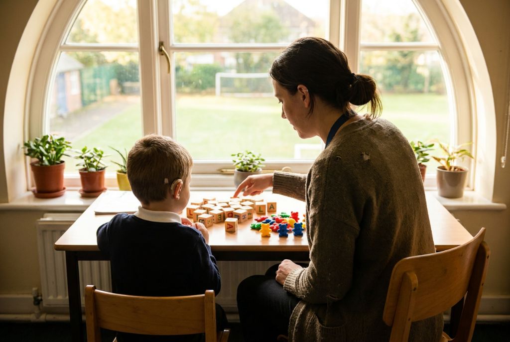 A teacher working one-on-one with a boy wearing a hearing aid at a classroom desk
