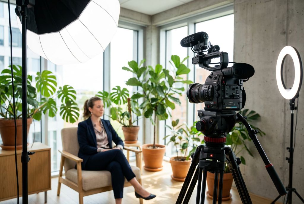 A video camera and studio lighting set up for filming an informational interview