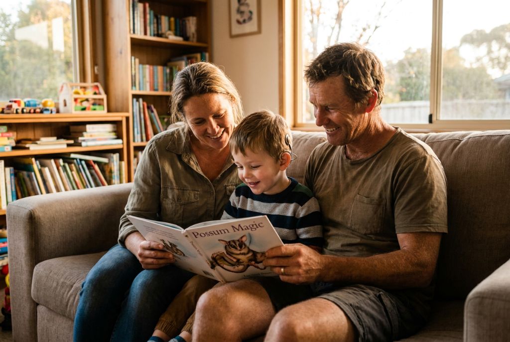 Parents reading a picture book with their young son who wears a cochlear implant processor