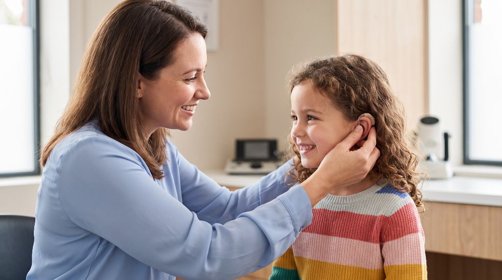 An audiologist fitting a hearing aid for a smiling young girl in a bright clinic