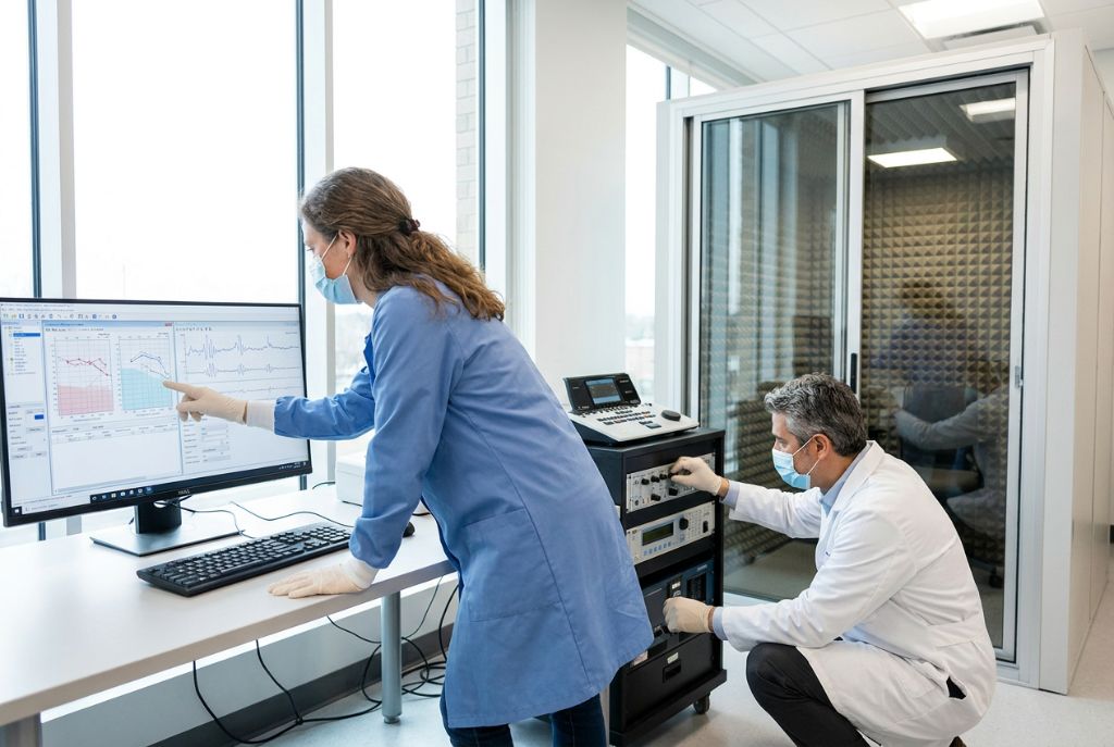 Two hearing scientists reviewing audiogram data in a research laboratory