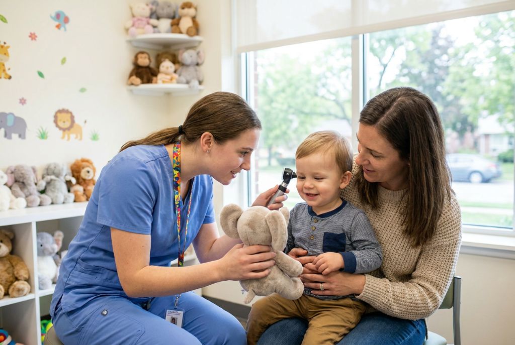 A clinician performing a gentle ear examination on a toddler sitting on his mother's lap